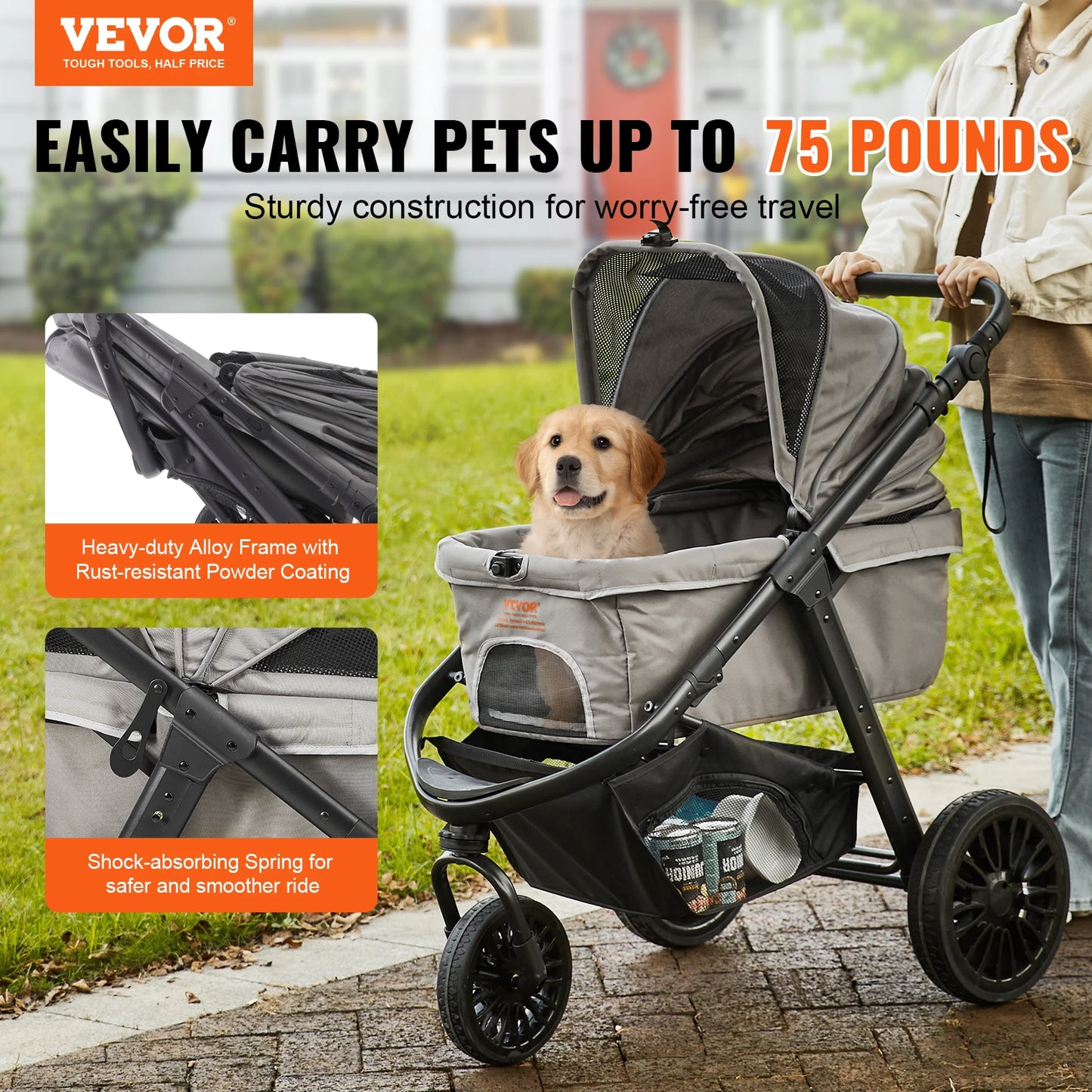 VEVOR 75 lbs Pet Stroller 3 PU Wheels Dog Puppy Stroller Rotate with Brakes Storage Basket Cup Holder for Small Medium Dogs Cats