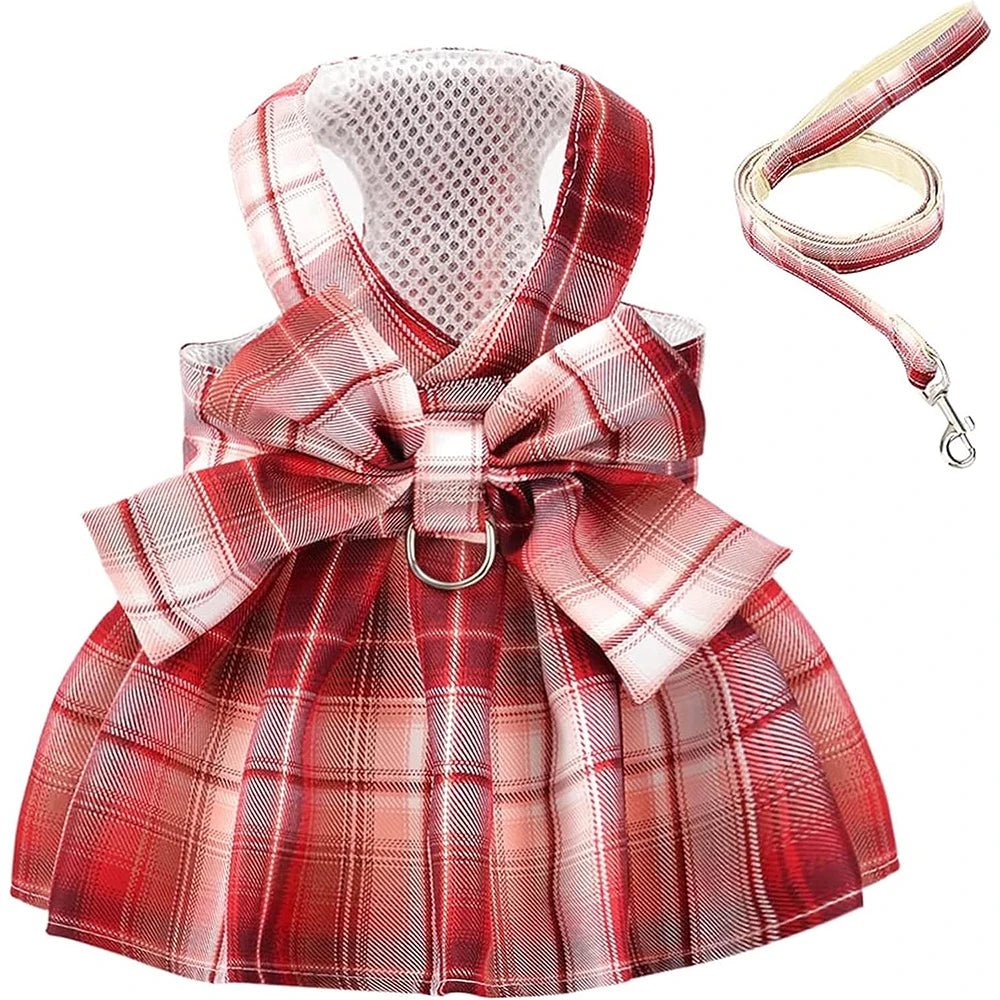 Cute Plaid Dog Dress Harness Leash Set Summer Girl Pet Clothes Bowknot Puppy Princess Dress Cat Dog Holiday Party Costume Outfit