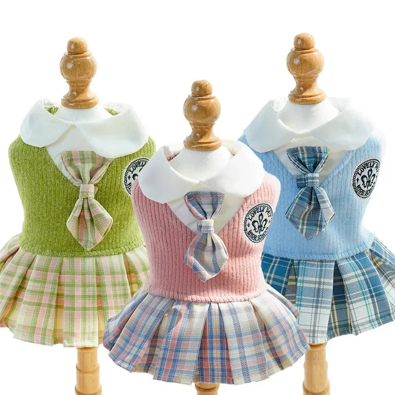 College Style Dog Dress for Small Dogs, Plaid Skirt, Pink,Blue,Green, Spring Clothes, Cat, Chihuahua, Dog Clothes  Pet Clothes