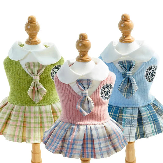 College Style Dog Dress for Small Dogs, Plaid Skirt, Pink,Blue,Green, Spring Clothes, Cat, Chihuahua, Dog Clothes  Pet Clothes