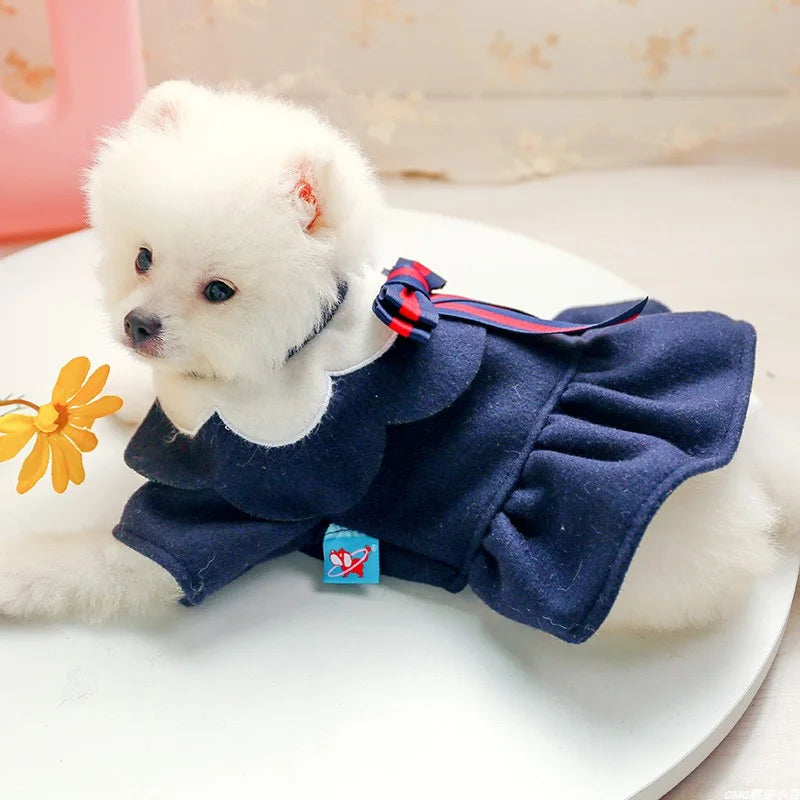 1PC Pet Clothes Cat Autumn/Winter Thickened Petal Collar Bow Princess Dress Navy Blue Suitable for Small and Medium Dogs