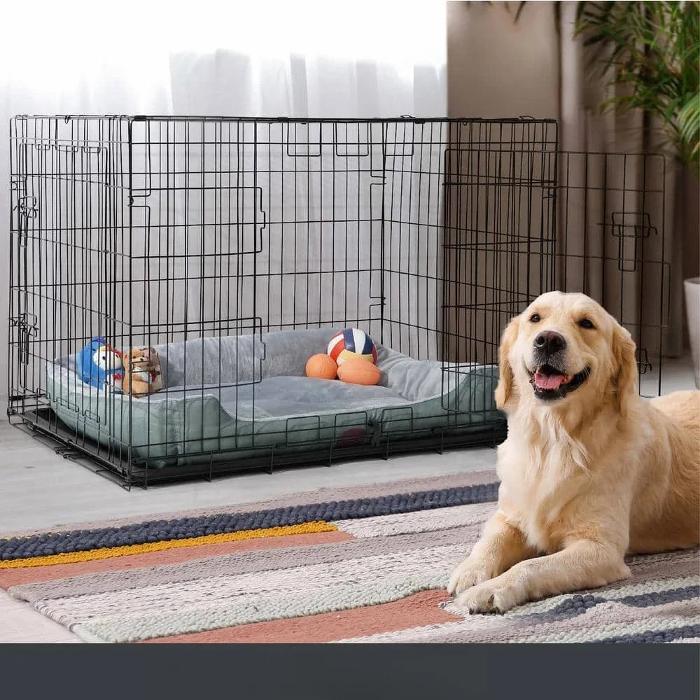 US 30 in. W Foldable Dog Crate Wire Metal Dog Kennel with Divider Panel, Leak-Proof Pan and Protecting Feet