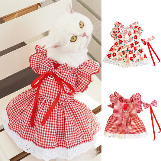 Summer Pet Dress Floral Pattern Plaid Skirts Cat Princess Dresses Chihuahua Yorkie Sweet Skirts Puppy Dog Costume Pet Supplies