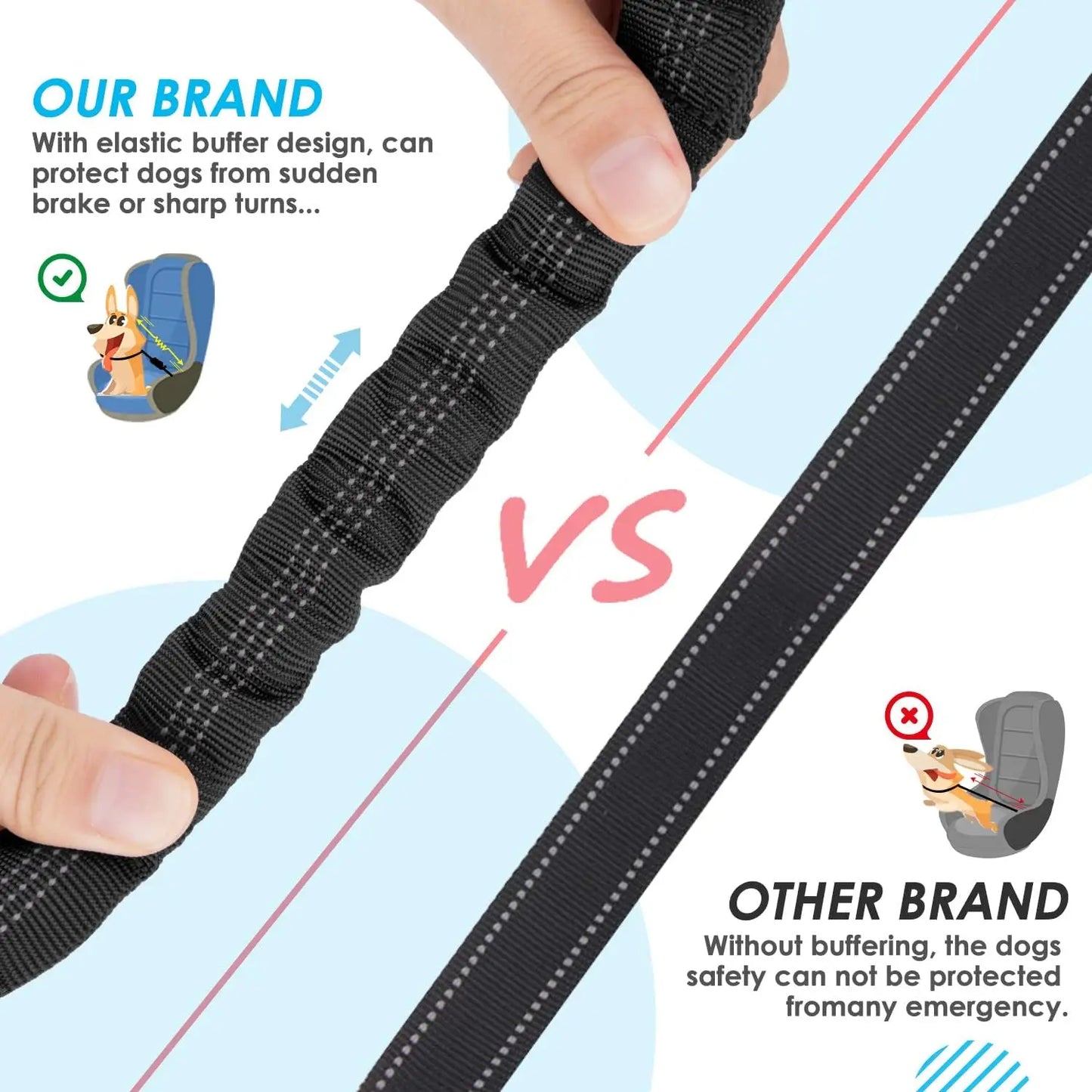 Dog Seat Belt, Double Dog Seatbelt Adjustable Vehicle Safety Leash with Elastic Bungee Buffer, Reflective No Tangle Y Shape Two