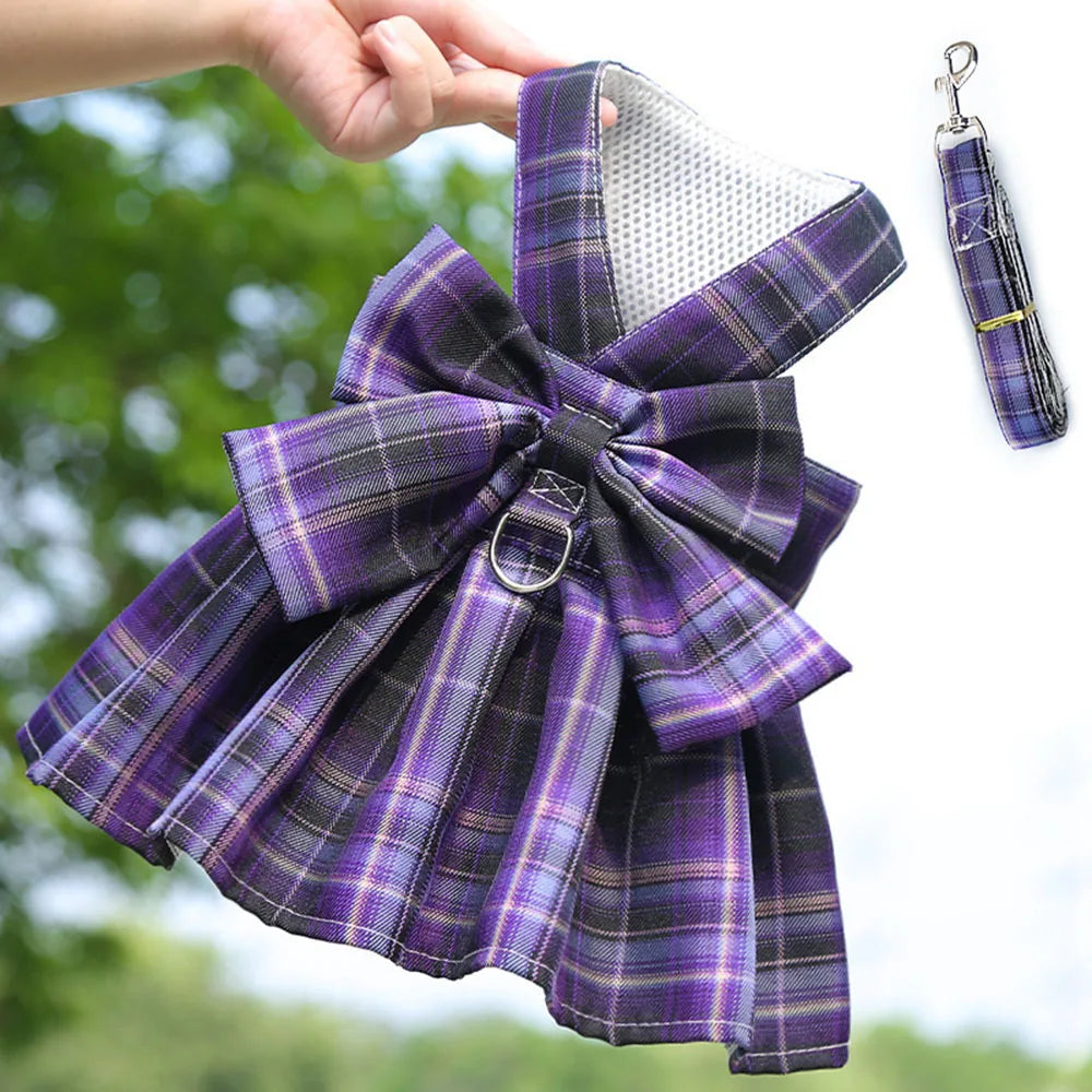 Cute Plaid Dog Dress Harness Leash Set Summer Girl Pet Clothes Bowknot Puppy Princess Dress Cat Dog Holiday Party Costume Outfit