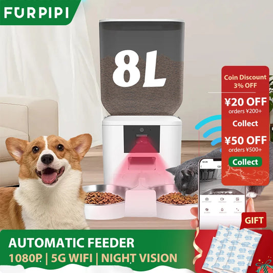 Automatic Feeder for Cats Dogs with Camera HD 4L/8L Furpipi HD 1080P 2.4G/5GWiFi Time Setting Feeder for Pets Dogs Cats Bowls