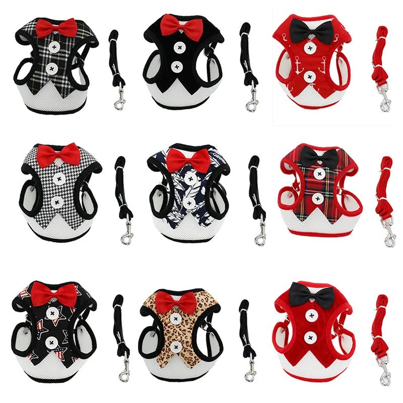 Puppy Cat Harness and Leash Set Breathable Pet Harness Vest For Small Dogs Rabbits Mesh Dress Bow Chest Belt Collar Chihuahua