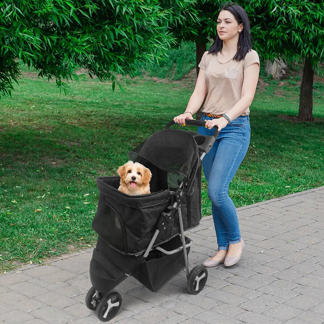 US 3-wheeled pet cart foldable dog cart cart cat /dog strap with cup holder black-