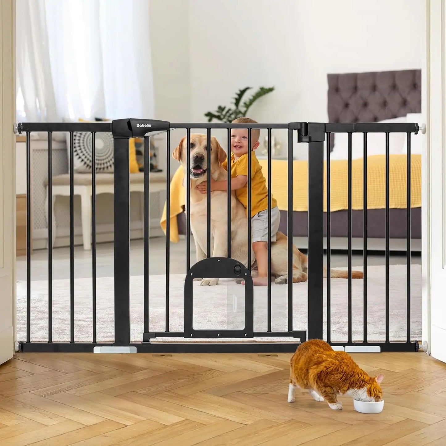 Baby Gate with Adjustable Cat Door, 29-43" Auto Close Durable Dog Gate for Stairs, Doorways and House,