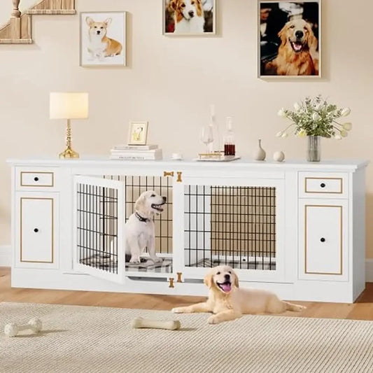 Double Dog Kennel Furniture Table with Storage 2 Small/Medium Dogs Wooden Dog House TV Stand White XL Storage Space Room Divider