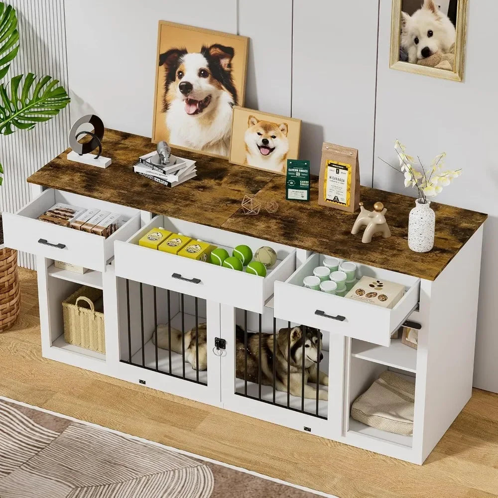 Large Dog Crate Furniture, 70.9" Dogs Crate Kennel with 3 Drawers and Divider, Indoor Extra Large Dog Kennel Furniture TV Stand