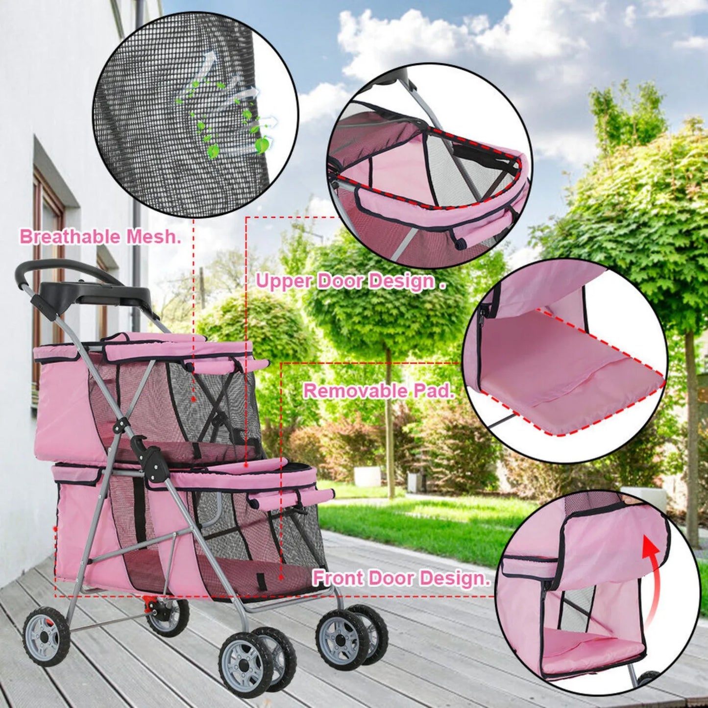 US Double Dog Stroller Pet Stroller 4 Wheels Folding Travel Carrier with Cup Holder