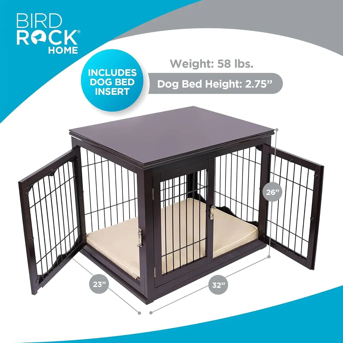 Decorative Dog Kennel with Pet Bed, Small Pet House, Double Door Indoor Crate, Engineered Wood & Wire Furniture, Side Table