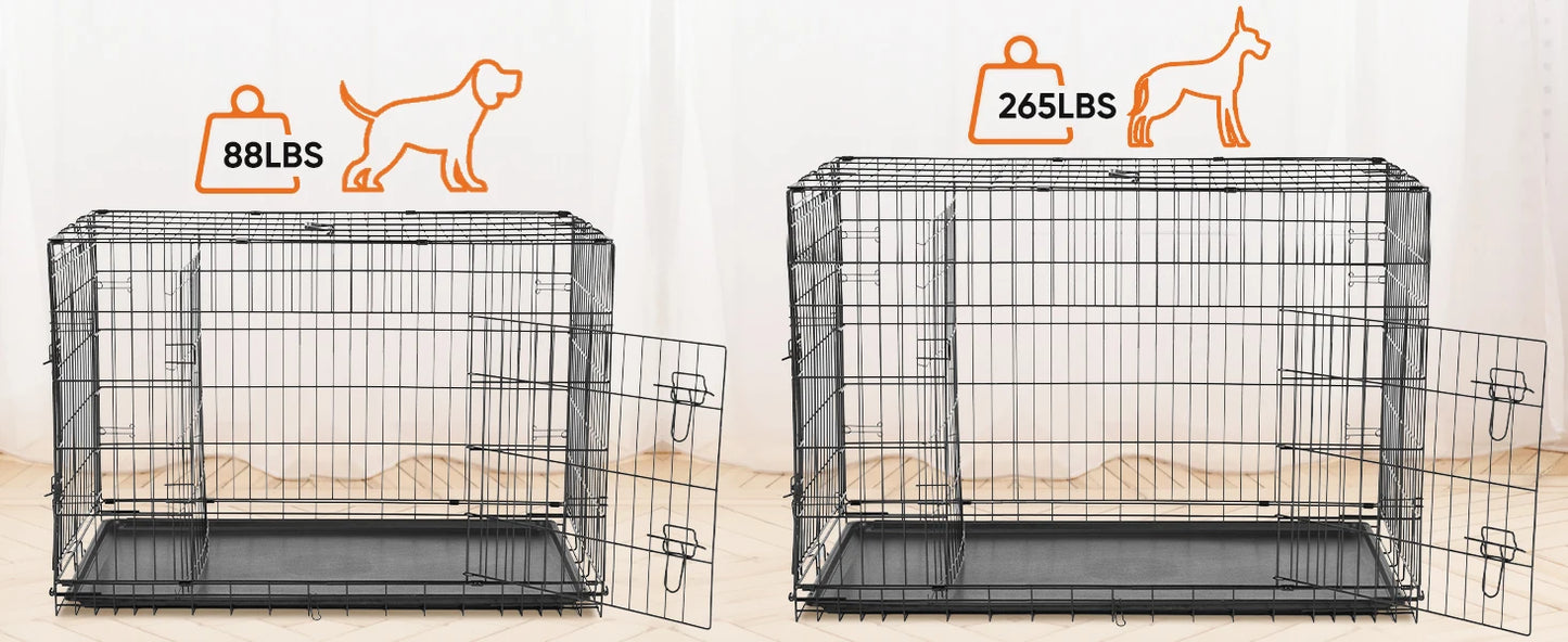 JHK Double Door Folding Metal Wire Dog Cage with Plastic Leak-Proof Pan Tray Extra Large Pet Kennel for Indoor Outdoor Travel