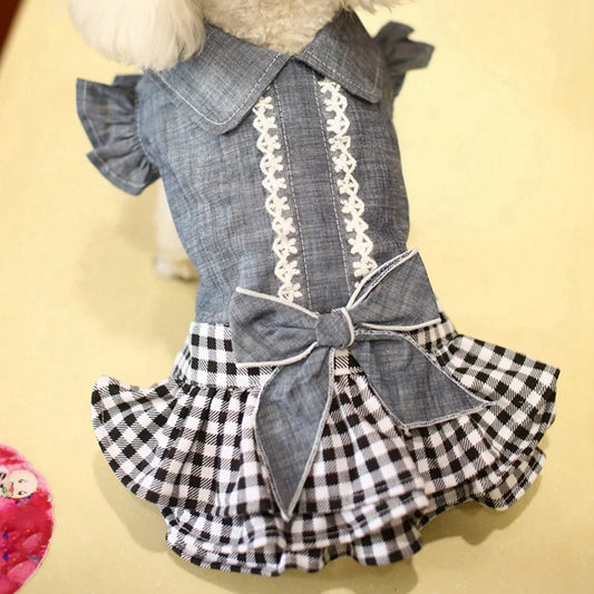 Fashion Dog Clothes Denim Plaid Dress For Small Medium Dogs Cat Spring Summer Pet Clothing Dog Costume Supplies Skirt Pet Suppli