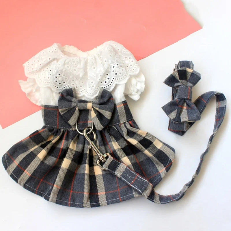 Pet Harness Dress With Leash Set Princess Dog Dress For Small Dog Fashion Simple Plaid Puppy Dresses With D Ring Clothes Outfits