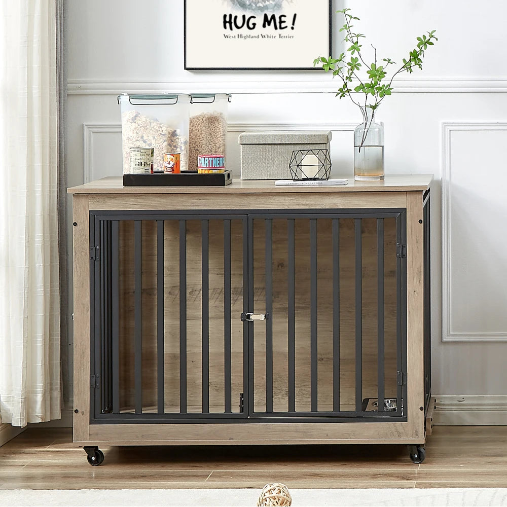 Furniture Style Dog Crate Side Table With Feeding Bowl Three Doors Flip-Up Top Opening Indoor Grey 38.58"W x 25.2"D x 27.17"H