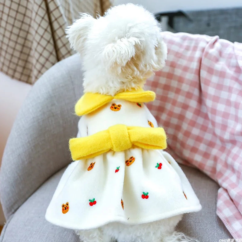 1PC Pet Clothing Cat Autumn/Winter Thickened Cheese Bear Princess Dress White Suitable for Small and Medium Dogs