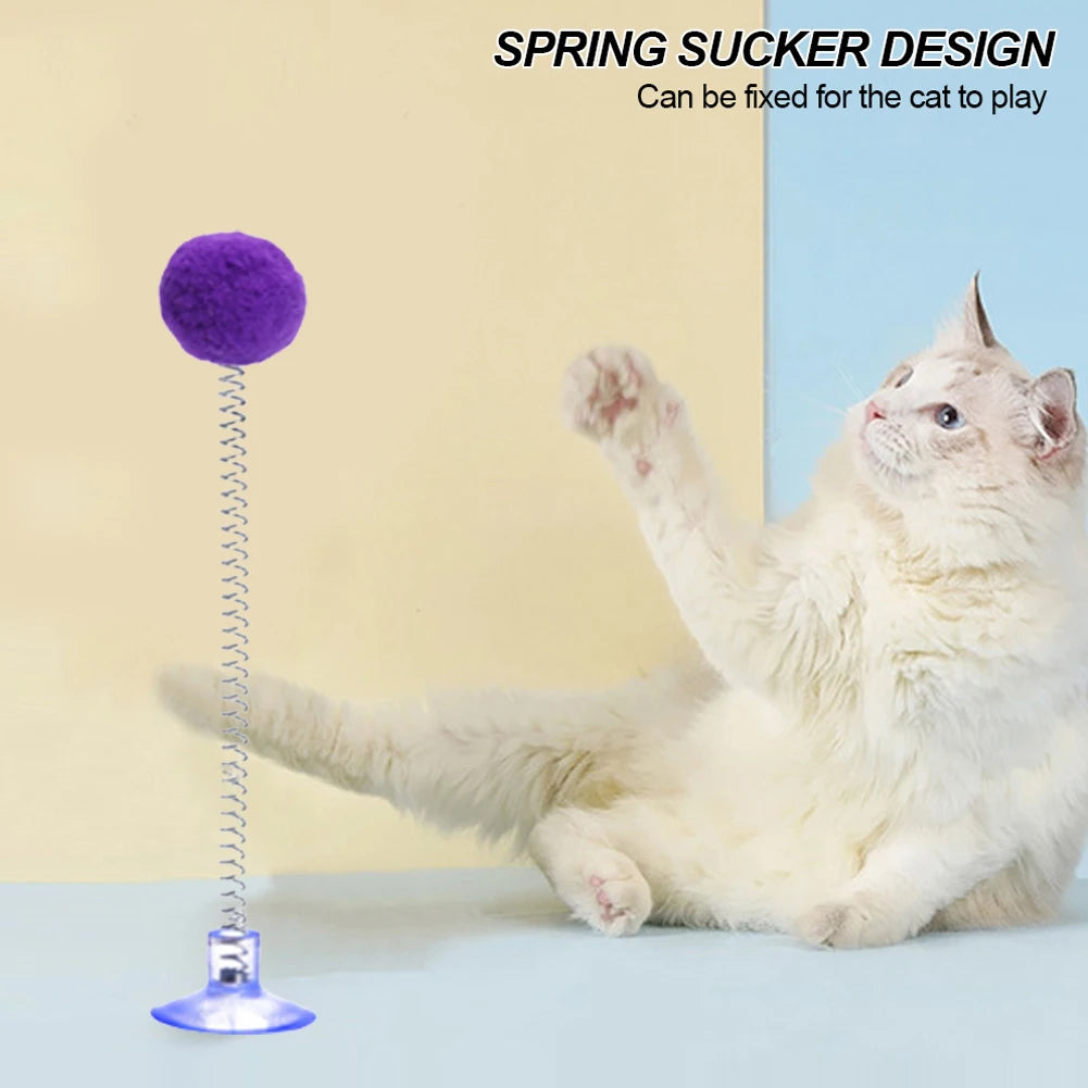 Cute Cat Fur Ball Cute Cat Teaser Wand Pet Products Spring Toy Cat Interactive Toys with Suction Cup Scratcher Toy Cat Supplies