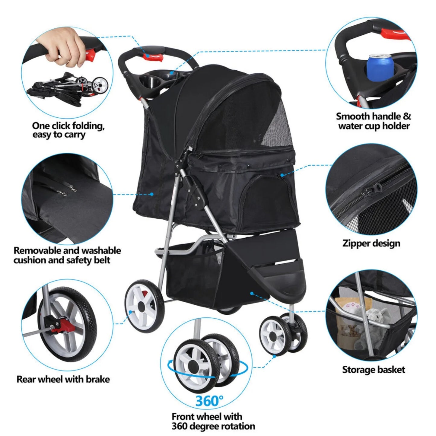 US Dog Stroller Foldable Cat Pet Stroller w/Storage Basket & Cup Holder 3/4-Wheels