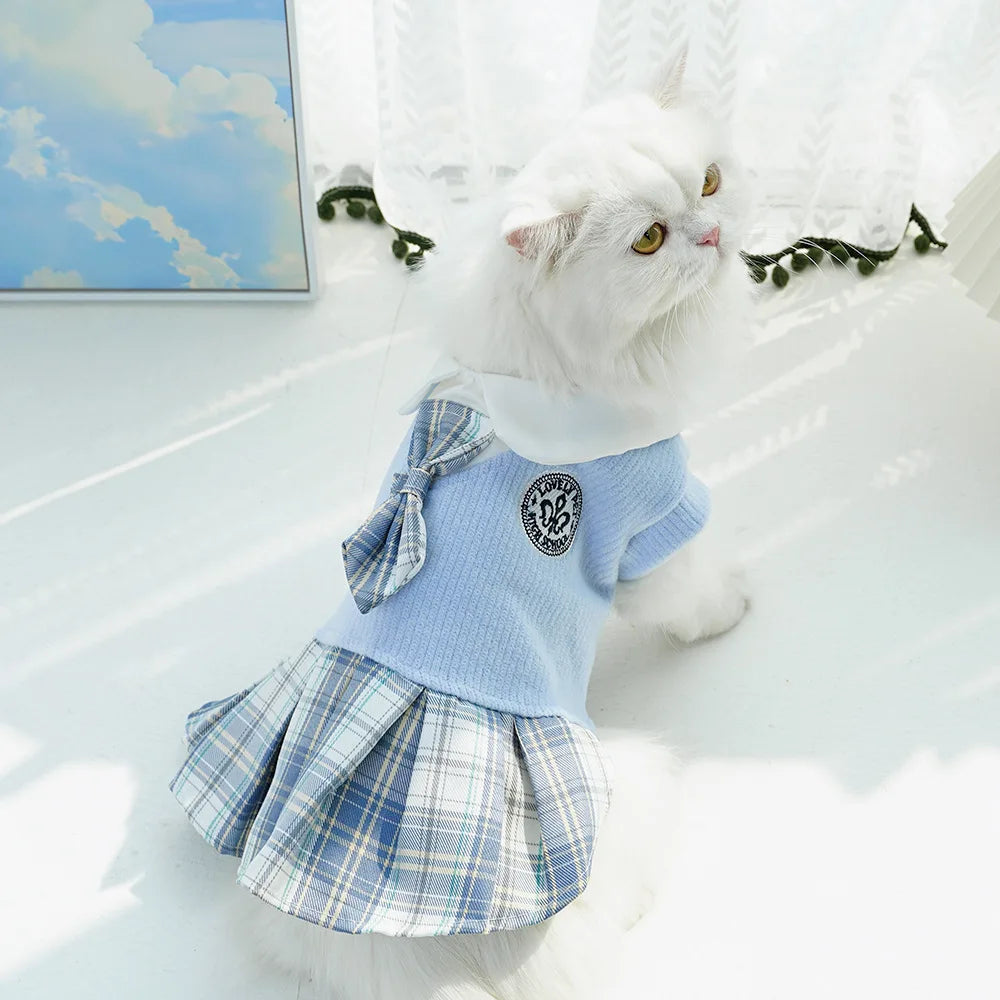 College Style Dog Dress for Small Dogs Plaid Dog Skirt Pet Clothes Puppy Girl Breathable Sweatshirt Cat Outfits Spring Apparel