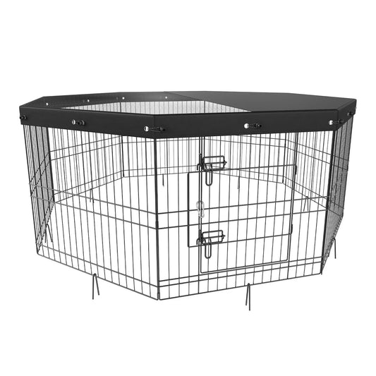 VEVOR Dog Playpen 8 Panels Foldable Metal Dog Exercise Pen with Top Cover 24" H Pet Fence Puppy Crate Kennel with Ground Stakes