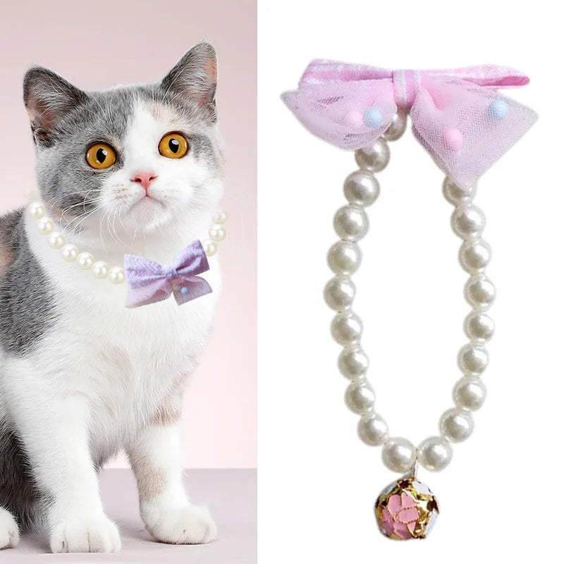 Pet Ornament Necklace Collar with Bell Great Lightweight Pet Jewelry Shiny Cat Imitation Pearl Jewelry New Kitten Accessories