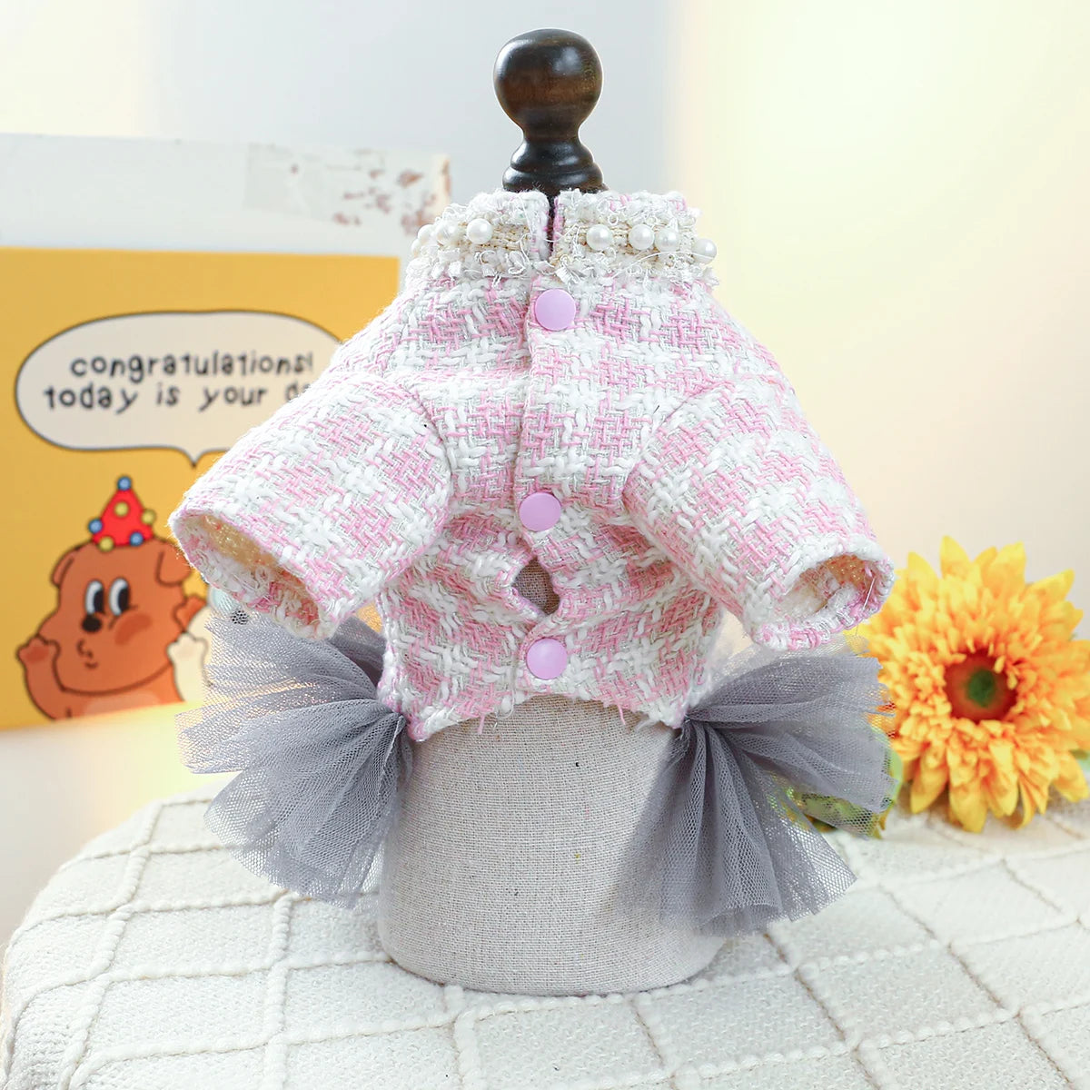 1PC Pet Clothing Dog Spring Autumn Pink Lipstick Mountain Tea Flower Princess Dress With Drawstring Buckle For Small Medium Dogs