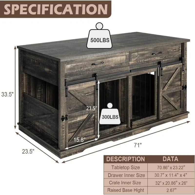 Extra Large Dog Crate with Divider, Double Dog Crate for 2 , Indoor Cages , Furniture with 2 Drawers,for Large Medium Small Dogs