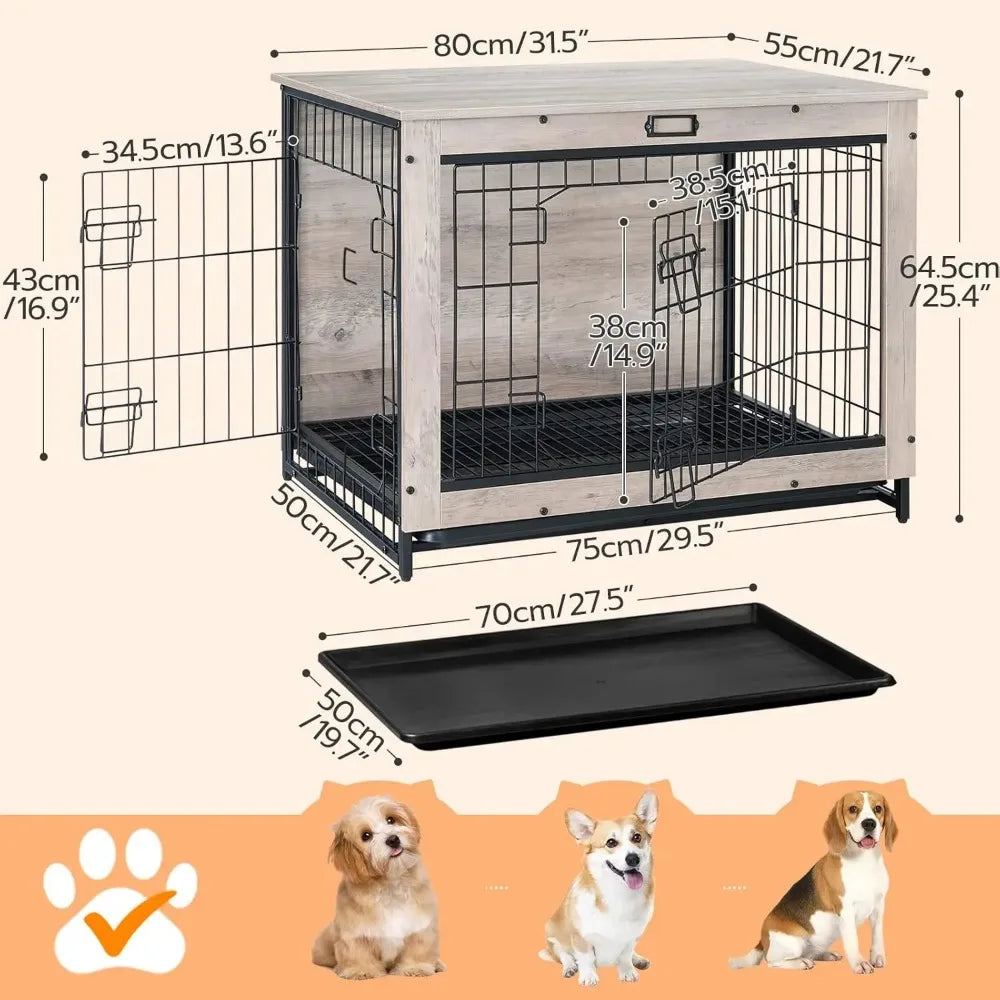 HOOBRO Dog Crate Furniture, 32.5" Medium Dog Kennel Indoor, Wooden Crate with Pull-Out Tray, Double Doors Dog House