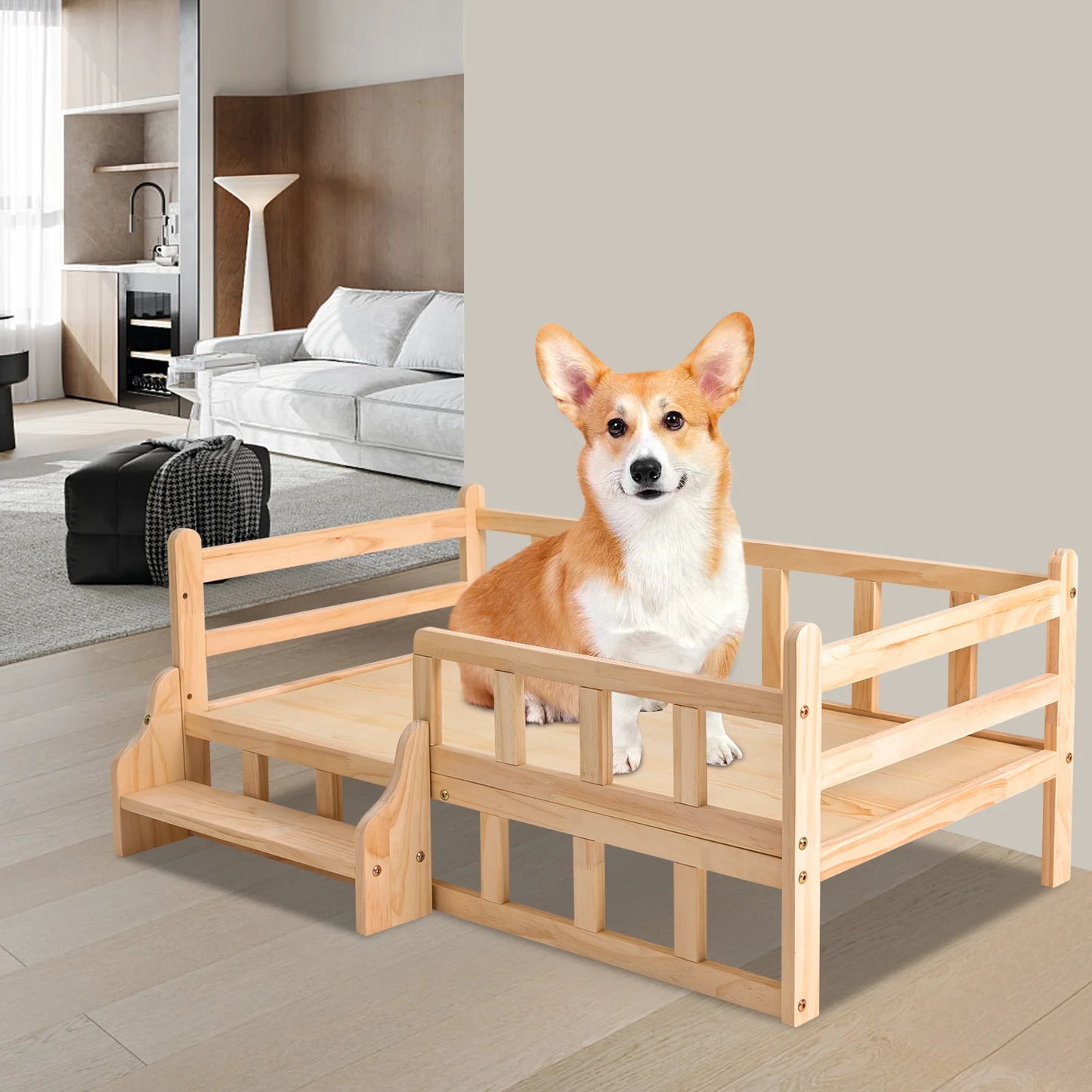 Solid Wood Pet Bed, Wooden Dog Bed Frame, Dog Kennel Furniture, Dog Bed Stand Elevated Fence Rounded Corners for Cats or Dogs