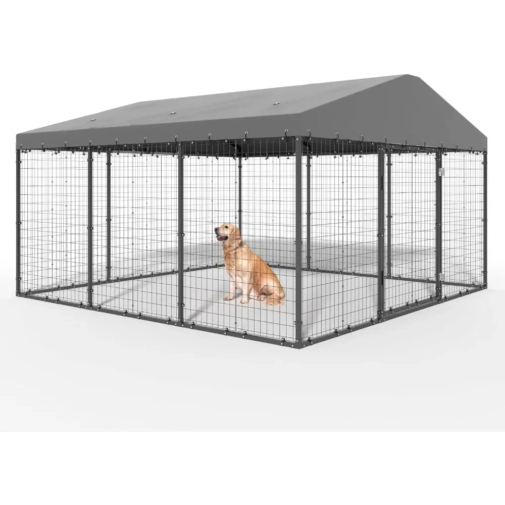 Large Outdoor Dog Kennel, Heavy Duty Dog Cage with Roof, Steel Dog Kennel with Waterproof UV-Resistant W 118" X D 118" X H 70.9"