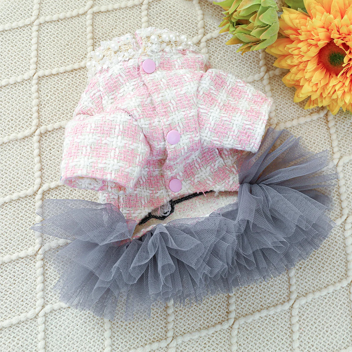 1PC Pet Clothing Dog Spring Autumn Pink Lipstick Mountain Tea Flower Princess Dress With Drawstring Buckle For Small Medium Dogs