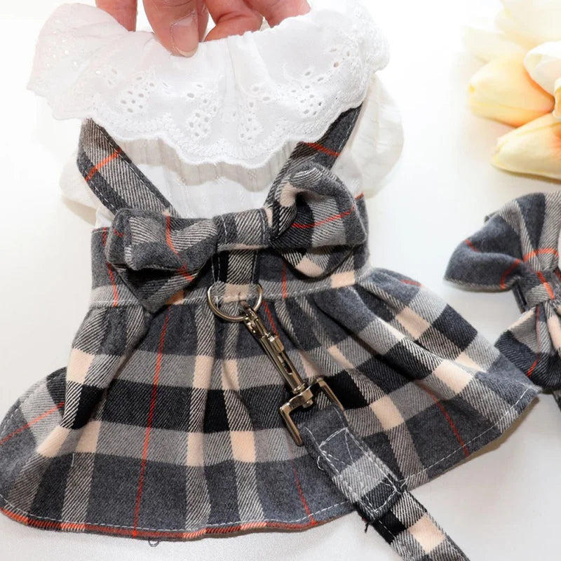 Pet Harness Dress With Leash Set Princess Dog Dress For Small Dog Fashion Simple Plaid Puppy Dresses With D Ring Clothes Outfits