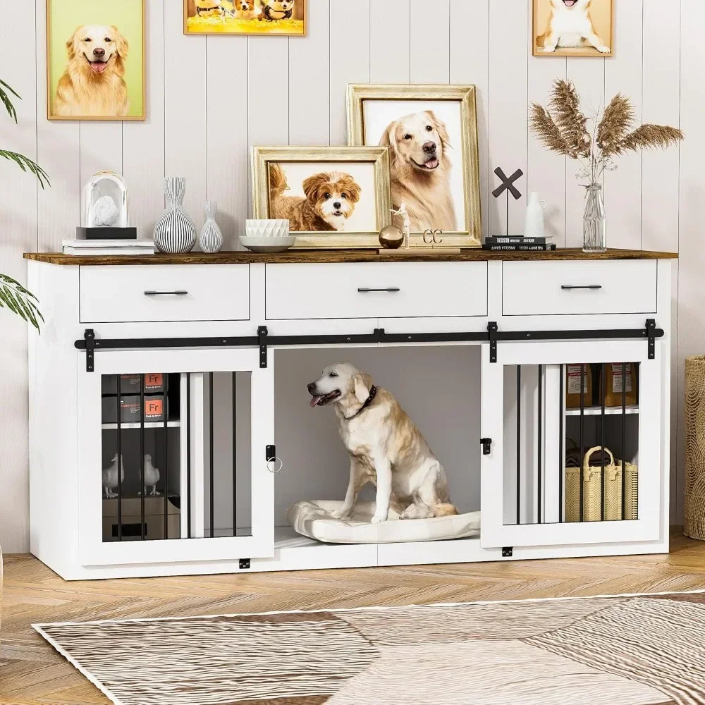 Large Dog Crate Furniture, 70.9" Dogs Crate Kennel with 3 Drawers and Divider, Indoor Extra Large Dog Kennel Furniture TV Stand