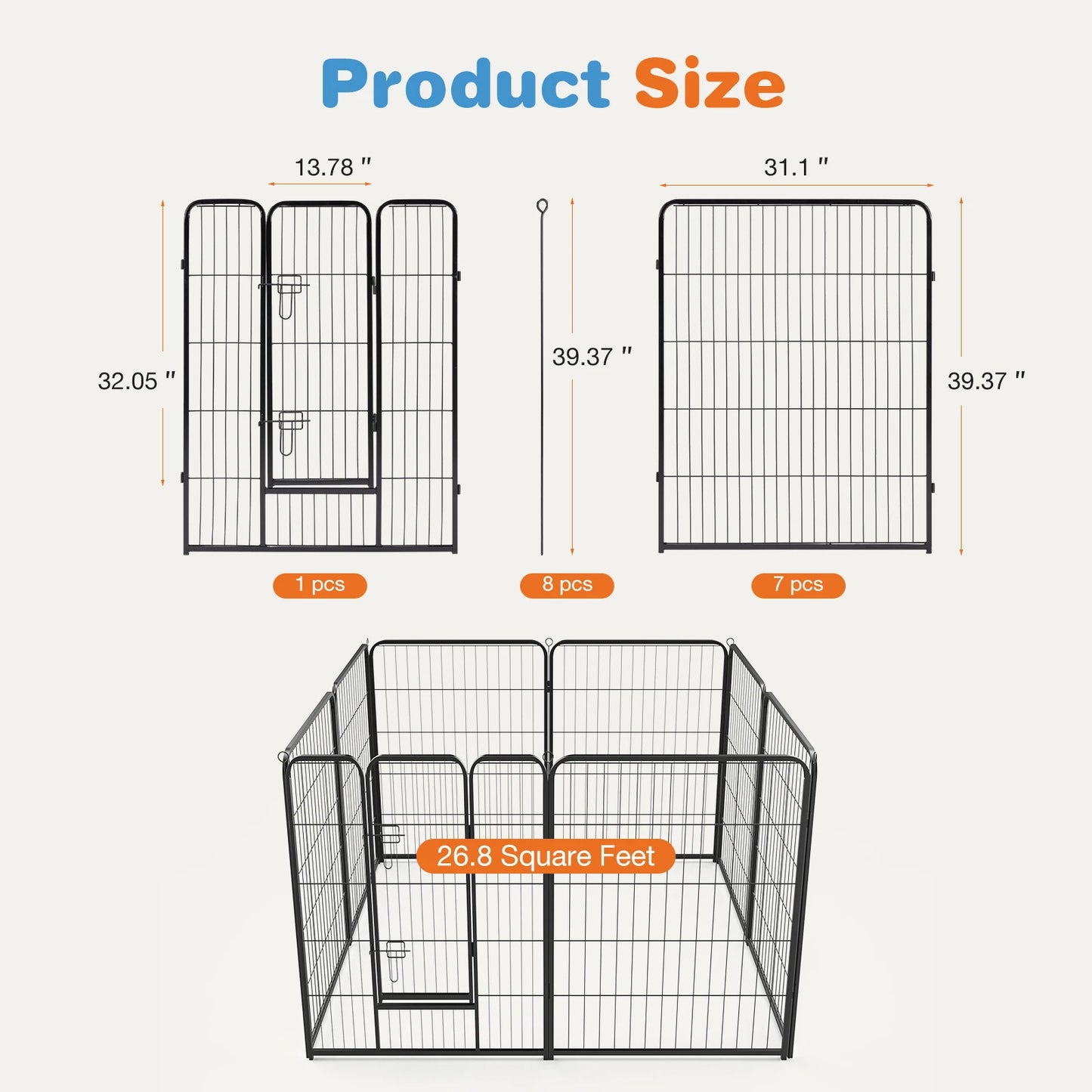 JHK 8 Panel Dog Playpen Indoor Pet Fence Exercise for Yard Gate Heavy Duty Crates with Doors Metal Dog Pen for Camping Outdoor