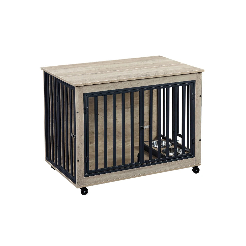 Furniture Style Dog Crate Side Table With Feeding Bowl Three Doors Flip-Up Top Opening Indoor Grey 38.58"W x 25.2"D x 27.17"H