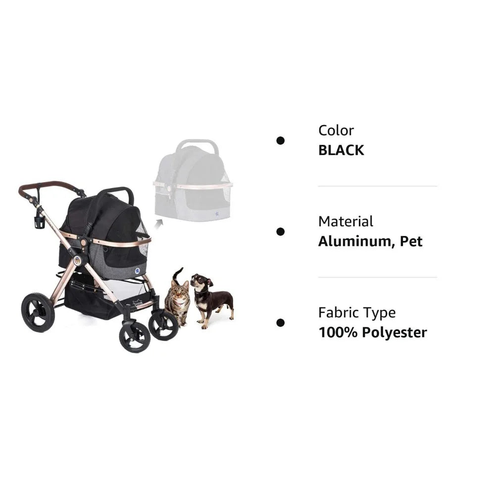 Pet Car, 3-in-2 Luxury Dog/Cat Car, with Detachable Bracket, Rubber Tires, Aluminum Frame, Reversible Pet Handle, Pet Car