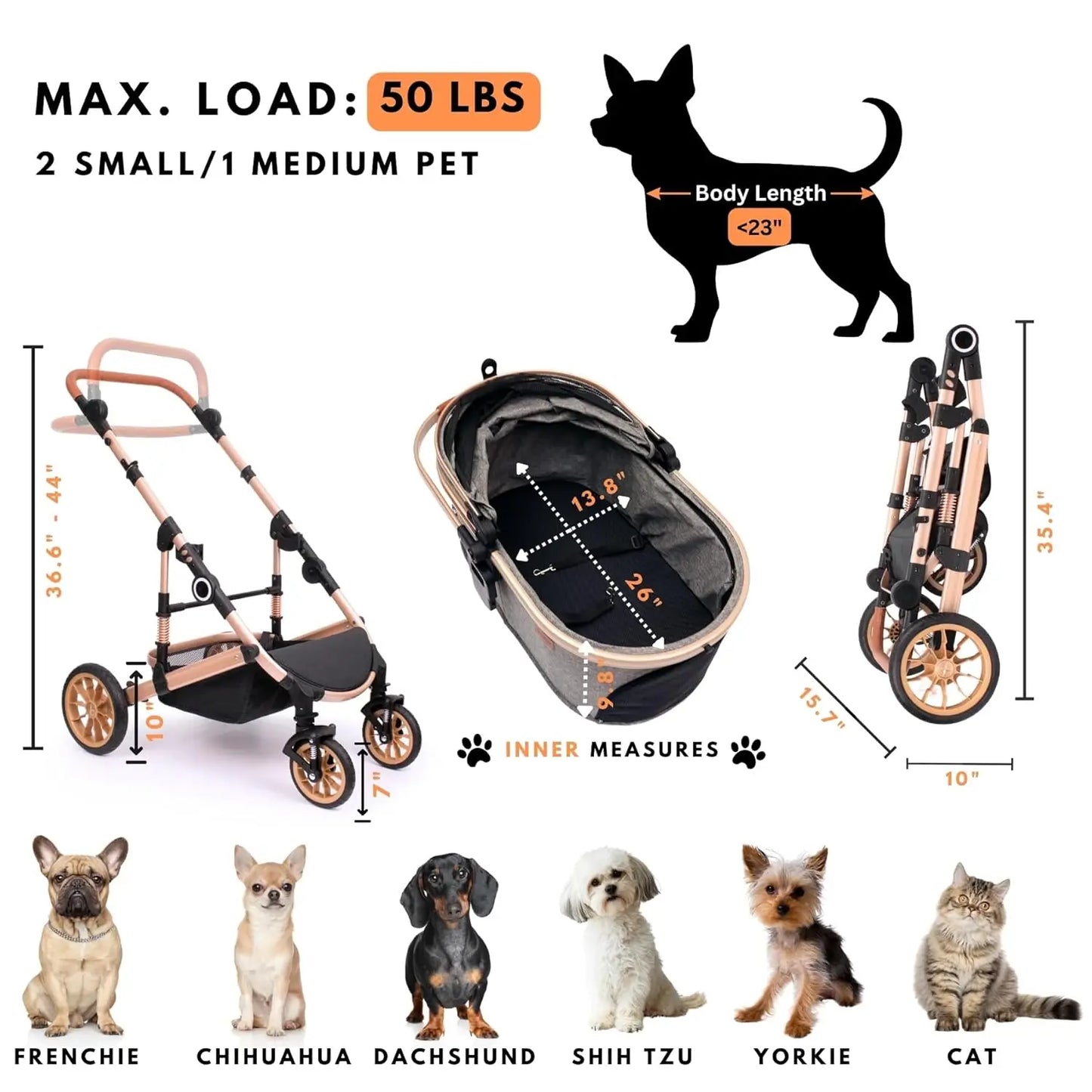 Pet Stroller with 4 Wheels,  Pet Travel Carrier for Small/Medium Dogs Cats up to 50lbs, Detachble Portable Pet Bag