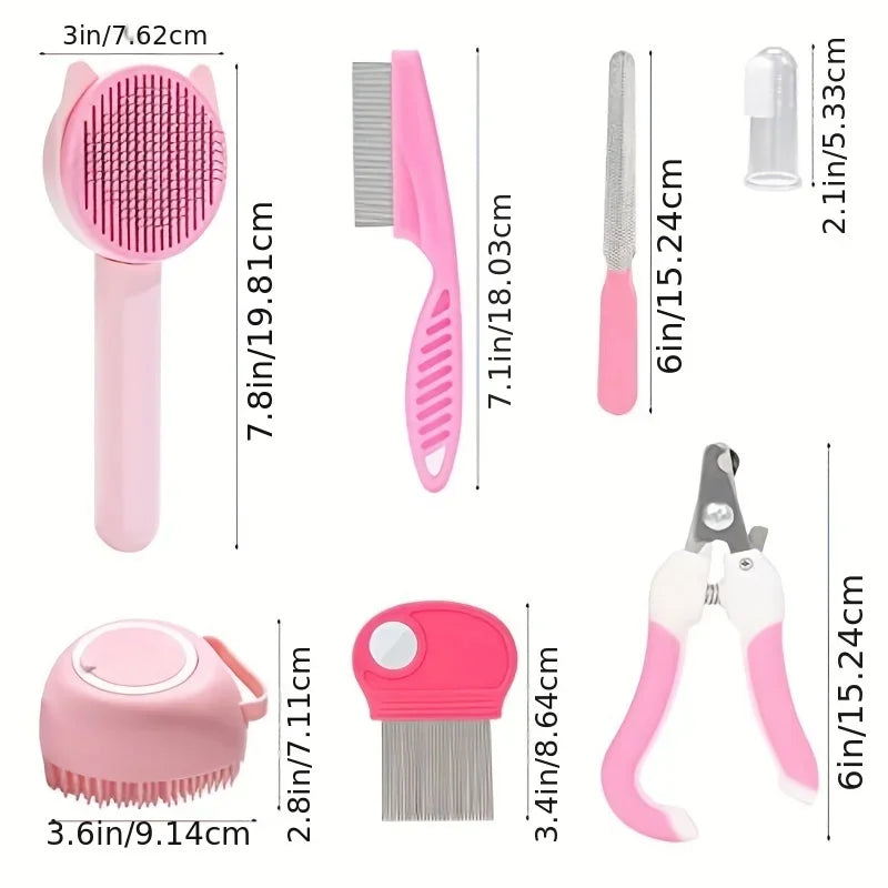 8Pcs Cat Brush Beauty Kit With Pet Nail Clippers And Files Pet Self-Cleaning Kit Flea Comb Pet Shampoo Bath Brush Pet Sheddin