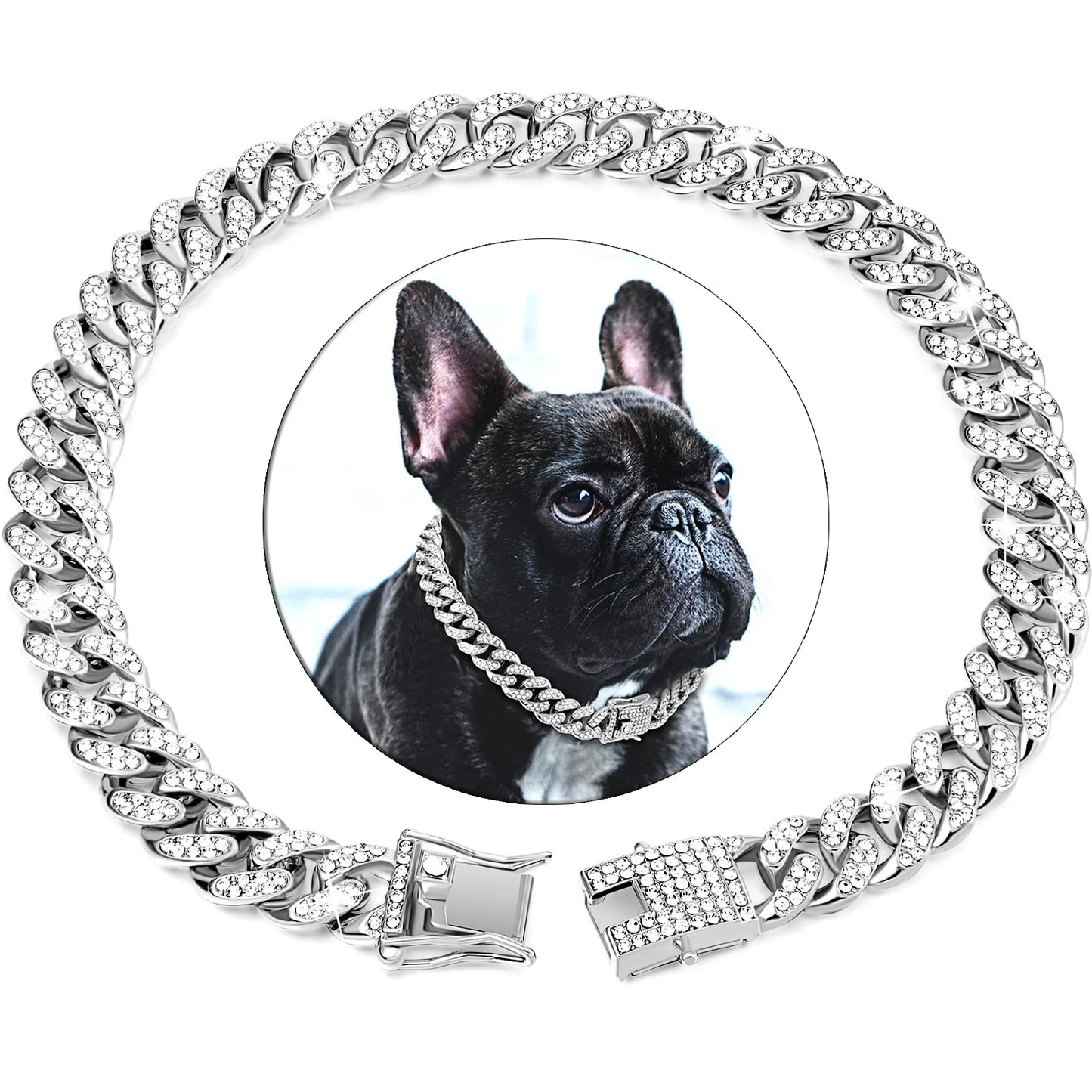 Dog Chain Diamond Cuban Collar Walking Metal Chain Collar with Design Secure Buckle, Pet Cat Cuban Collar Jewelry Accessories