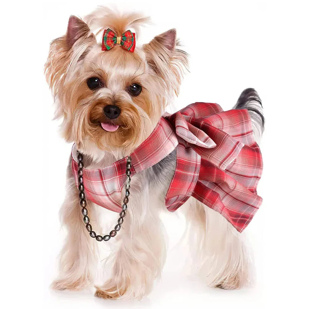 Dog Dresses for Small Dogs Girl Plaid Dog Dress Bow Tie Harness Leash Set Puppy Cute Bow Skirt Pet Outfits Yorkie Accessories