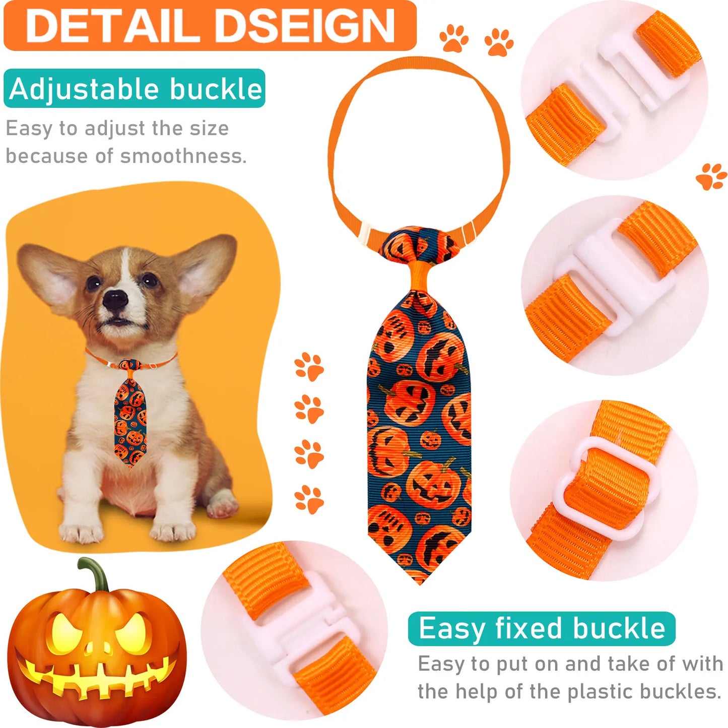 10PCS Adjustable Pet Bowties For Dogs and Cats Halloween Pumpkin Print Funny Dog Bow Tie Necktie Pet Dog Grooming Accessories