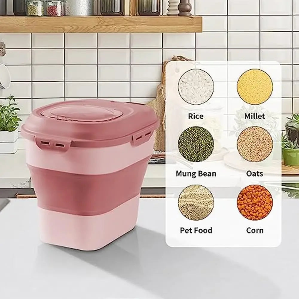 Portable Pet Food Container Wheels 50 lbs Storage Bag Collapsible Airtight Kitchen Cereal Rice Container Spoon Bowl Cup Pack