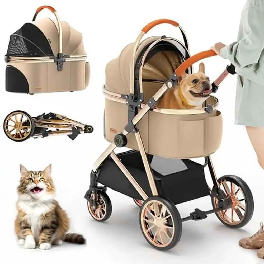 3-in-1 Luxury Pet Stroller Electroplated Gold Mirror Finish Carrier Dogs Cats Medium Small Shock Absorption Safety Wheel Locks