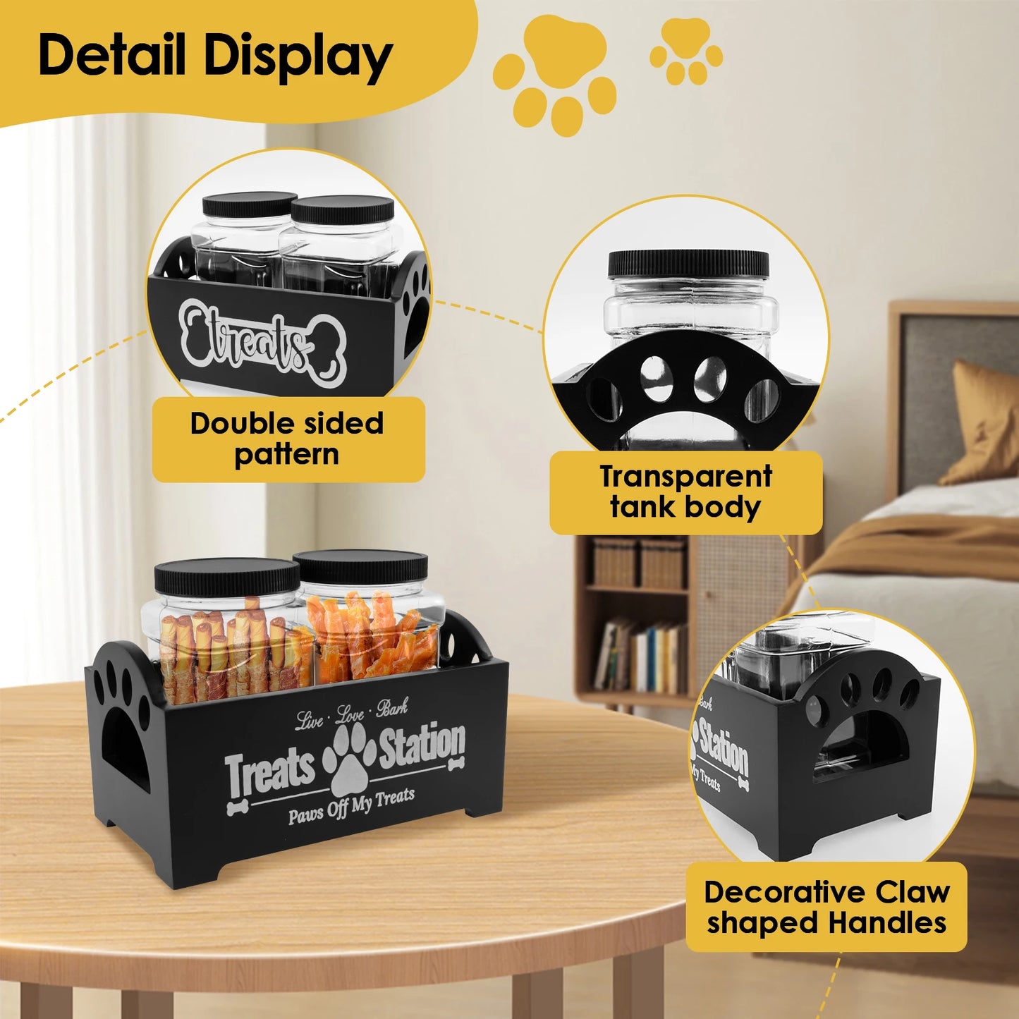 Pet Feed Storage Container Wood Dog Food Storage Organizer with 2 Plastic Jars Cat Treat Container for Pet Owners and Lovers