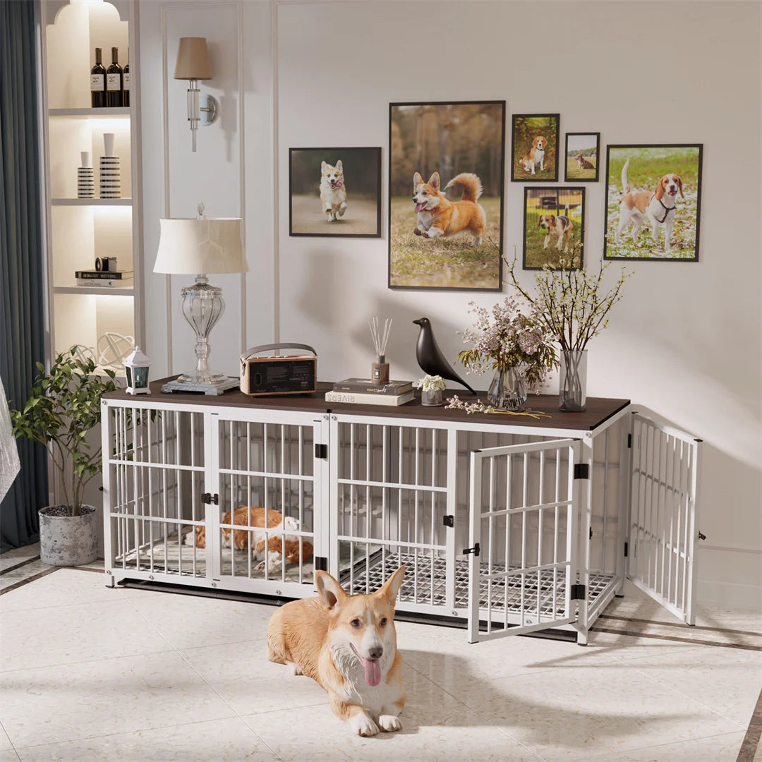 Furniture Style Dog Crate White Pet Kennel Black Cage End Table with Three Doors and Removable Tray, for Small Medium Large Dogs