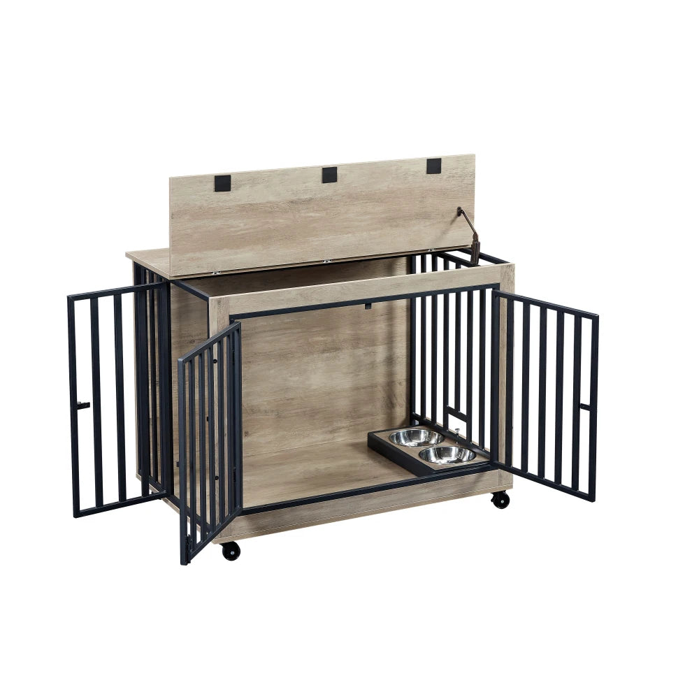 Furniture Style Dog Crate Side Table With Feeding Bowl Three Doors Flip-Up Top Opening Indoor Grey 38.58"W x 25.2"D x 27.17"H