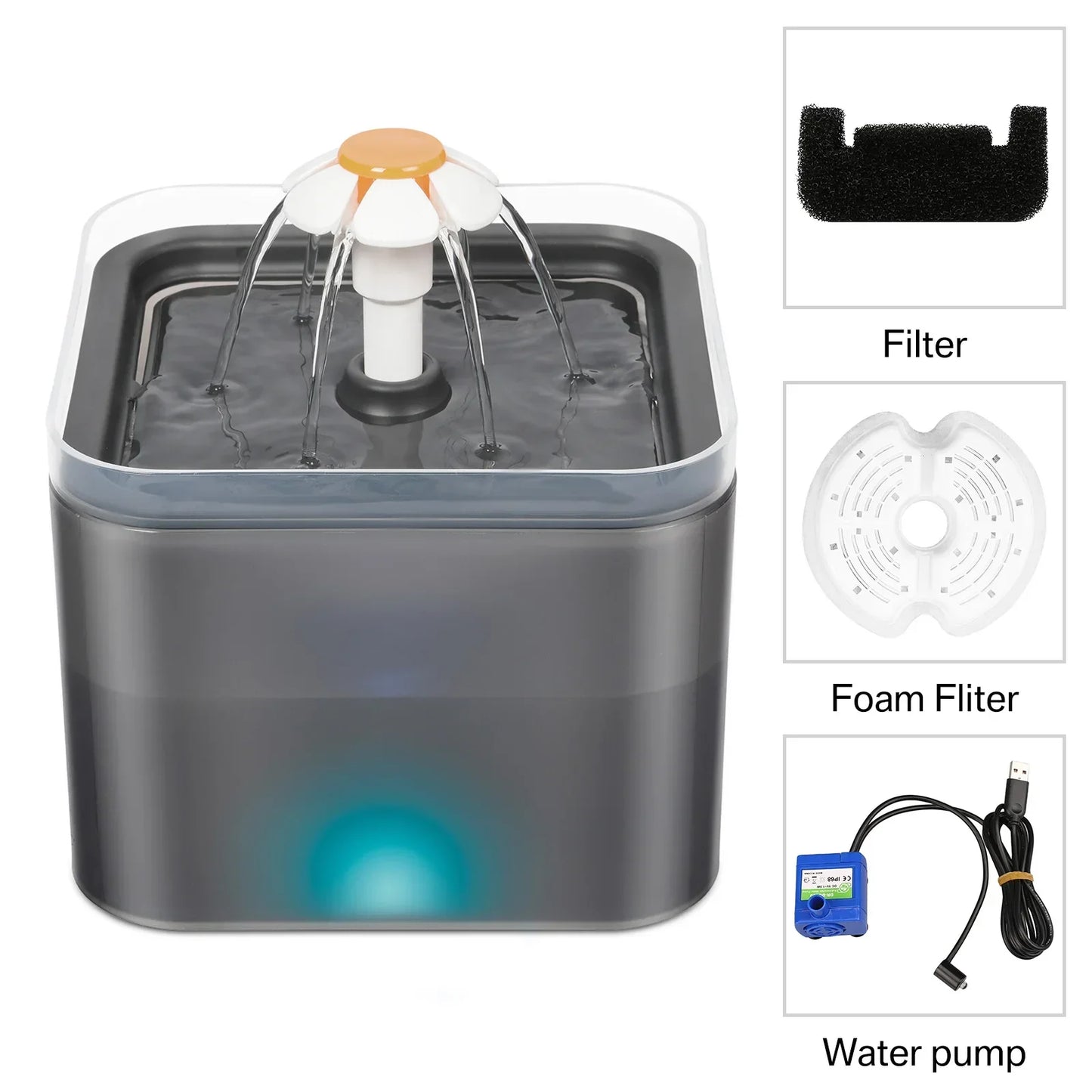 Fontaine à eau pour chat 67oz/2L pour petits chiens de compagnie, distributeur d'eau ultra silencieux avec éclairage LED, boisson automatique