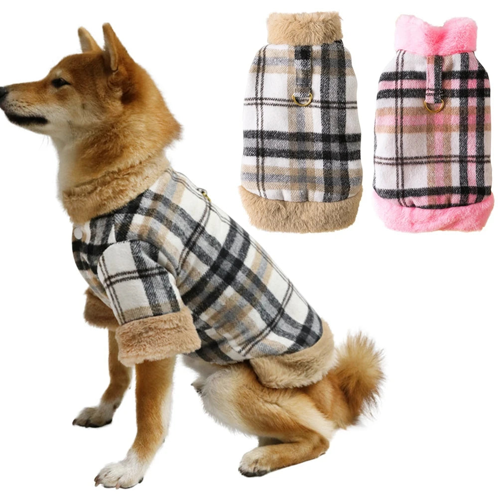 Winter Pet Jacket Clothes Grid Warm Small Dogs Clothing With Fur Collar Cotton Pet Outfits French Bulldog Coat Vest Chihuahua